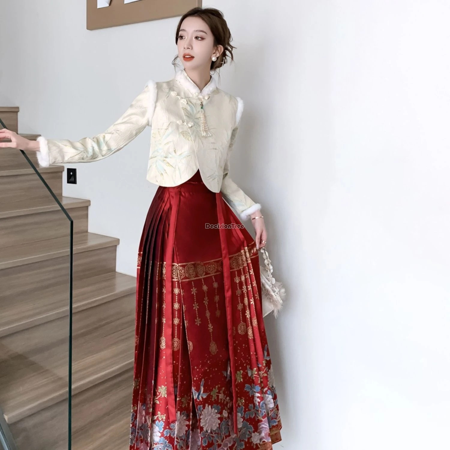 2024 autumn winter chinese style ming dynasty clip cotton stand collar long sleeve coat pleated skirt two piece hanfu set b279