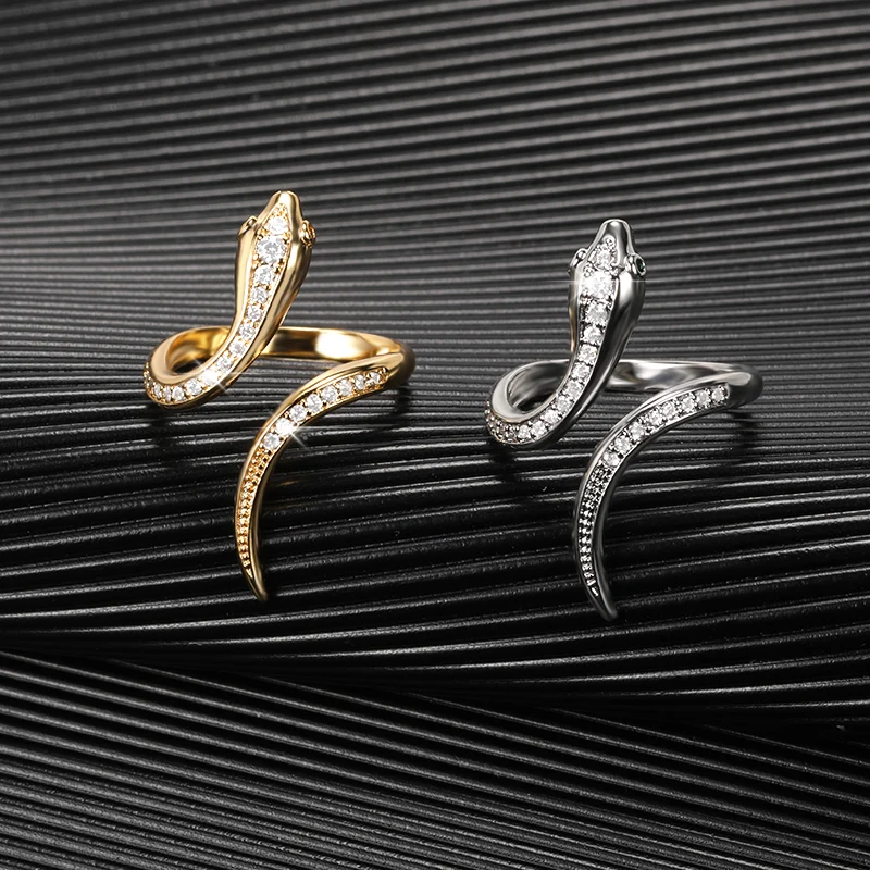 Shiny Rhinestone Zircon Snake Rings For Women Exaggerated Punk Adjustbale Gold Color Animal Snake Finger Rings Wedding Jewelry