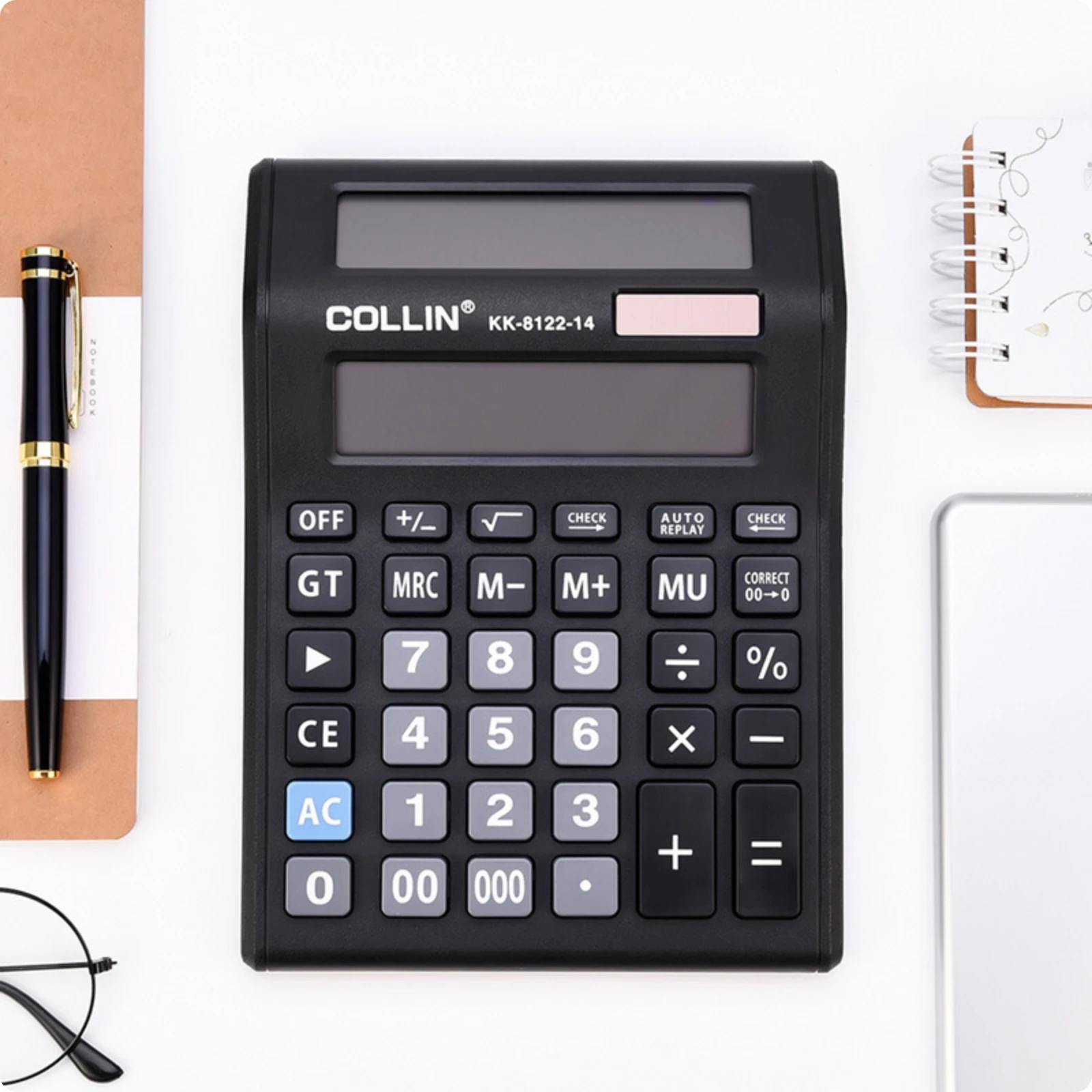 Double-Screen Display Calculator Black 14-Digit Calculator Rectangular Body for Shop