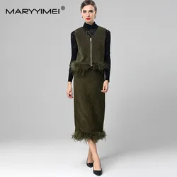 MARYYIMEI Fashion Women's V-Neck Sleeveless Vest+ong-Sleeved Single-Breasted Coat+Straight skirt Feathers design 3 piece set