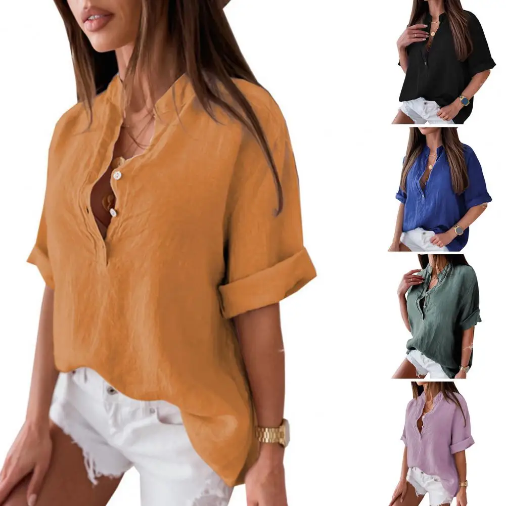 

V-Neck Buttons Stand Collar Half Sleeve Summer Blouse Women Solid Color Pullover Shirt Female Clothing