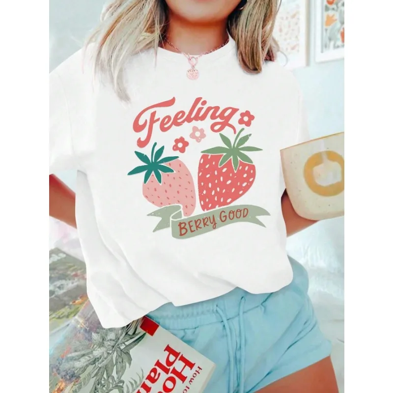 Women's Summer Letter Strawberry Print Round Neck Short Sleeve Casual Harajuku Plus Size Street Comfort T-Shirt