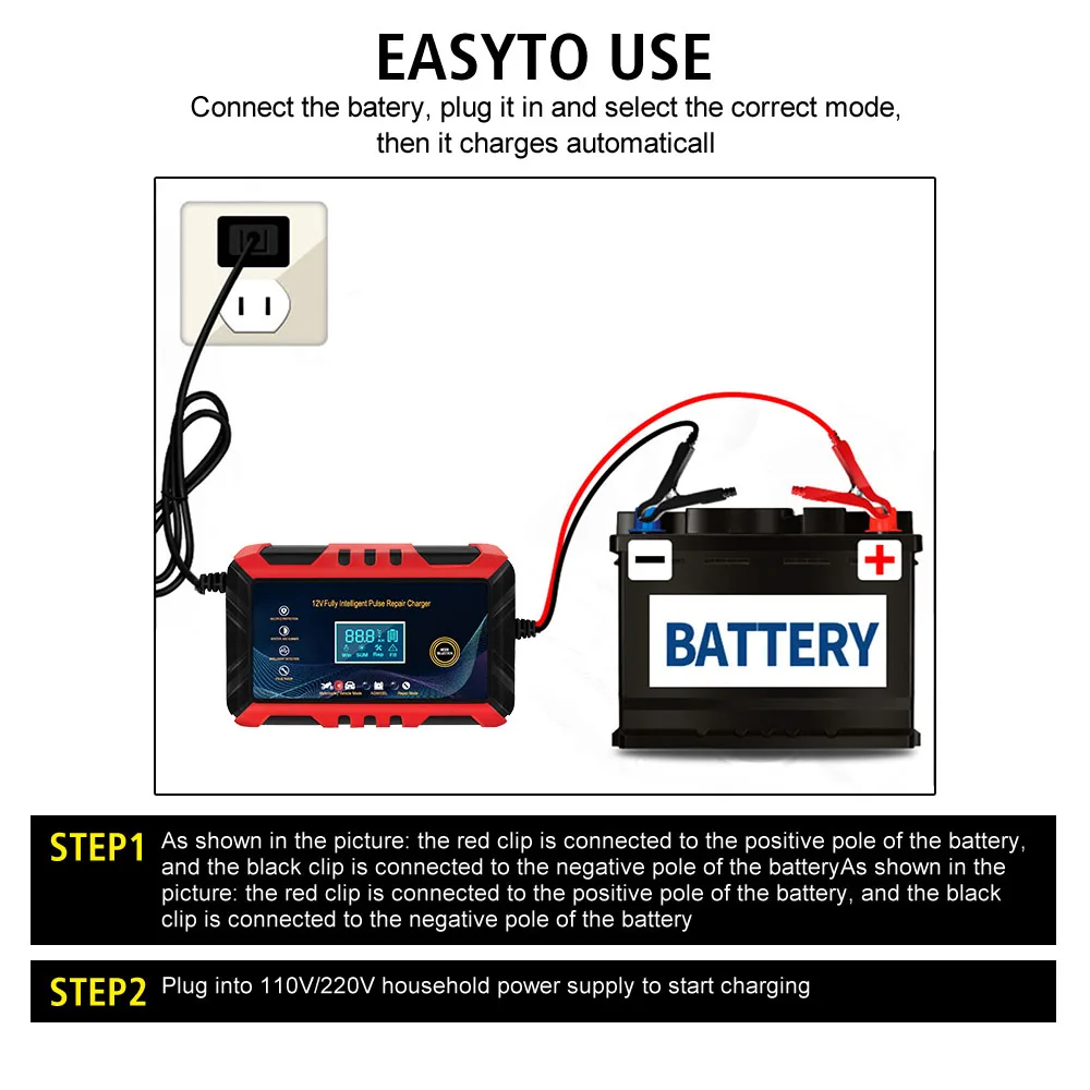 Ingresso 100 V/240 V per batterie al piombo Caricabatterie per auto Rilevamento intelligente 90 W 12 V 6A Display digitale colorato Riparazione degli impulsi