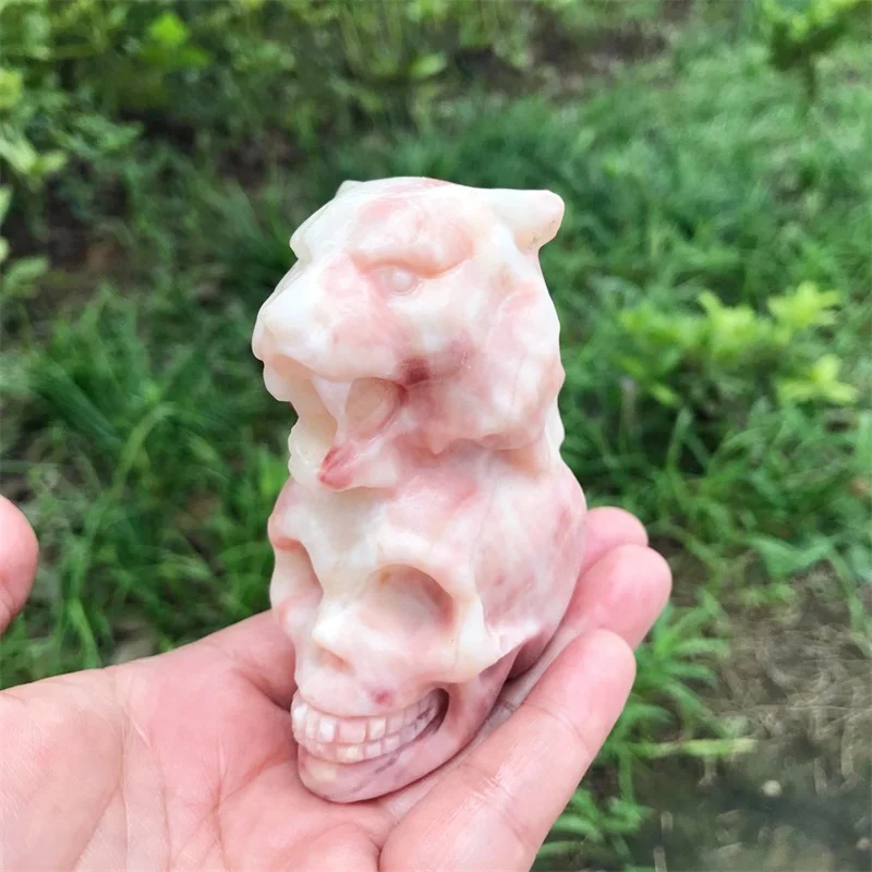 8CM Natural Pork Stone Tiger Head With Skull Gemstone Crystal Healing Figurine Crystal Crafts Ornament Home Decoration 1pcs