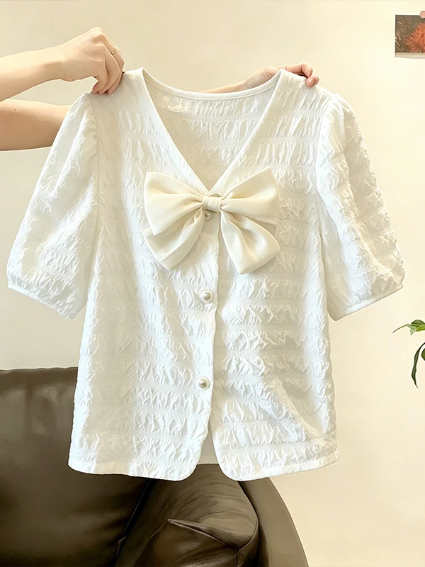 

Sweet V-Neck Knot Loose Women's Shirt Summer New Style Gentle Fashion Slimming Top Korean Style Commute Shirt