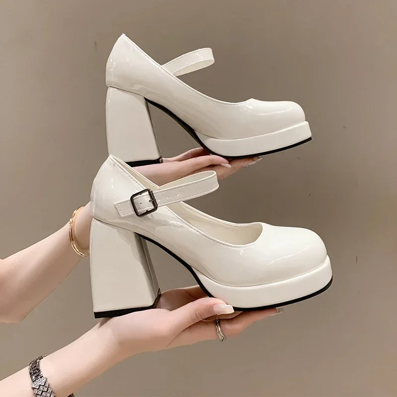 High heels women\'s wedding shoes French line with Mary Jane shoes waterproof platform thick heel shoes beige white temperament