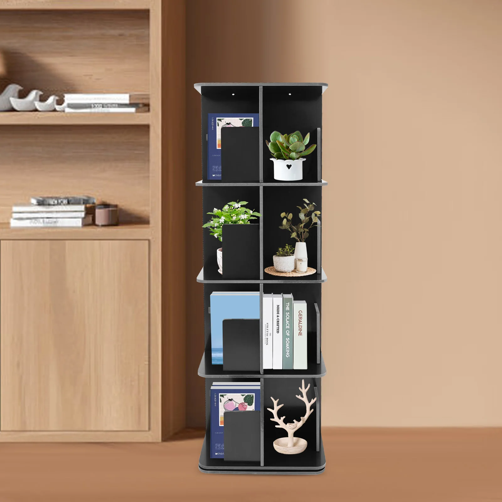 

15.75*15.75*50.5 in Rotating Bookshelf 4 Tier Standing Bookcase 360° View Stackable Storage Display Book Shelf for Living Room