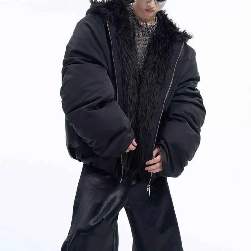Mens Winter Jacket Furry Patchwork Hooded Cotton Jacket Fashion Casual Outdoor Versatile Comfortable Outerwear Coat 2025 New