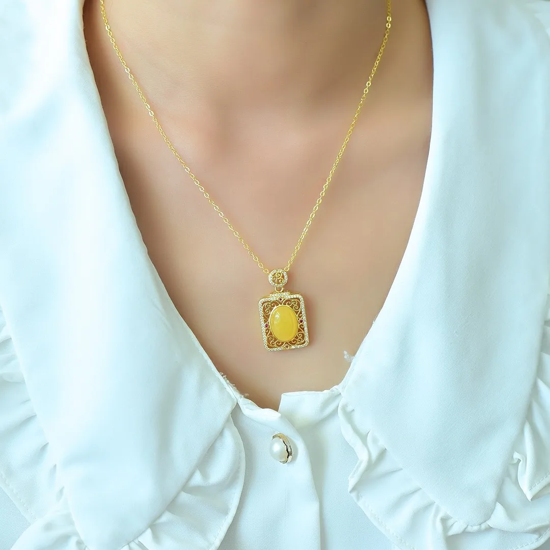 Natural Amber Necklace Women Healing Gemstone Fine Jewelry Genuine Baltic Amber ﻿luxury Zircon Ruby Rectangular Pendant Necklace