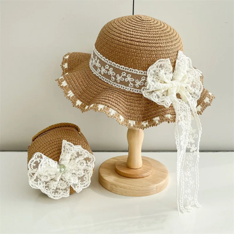 Lace Bow Straw Hat With Bags 2pcs Set For Girl Wide Brim Vacation Cap Summer Kids Baby Outdoor Beach Sunscreen Sun Hats