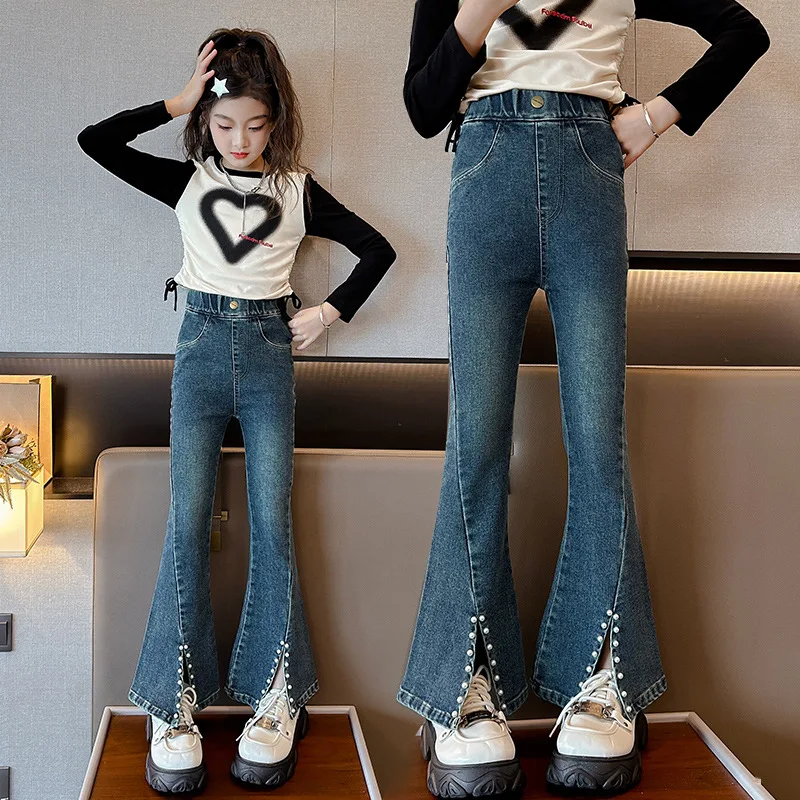 

Girls' Spring and Autumn Fashion Autumn Wear Flare Pants, Mid size Children's Split Leg Jeans