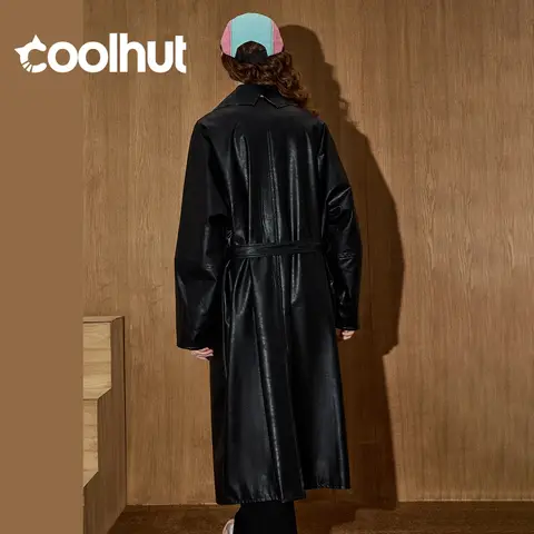 COOLHUT PU Leather Coat Autumn Structured Trench Jacket Premium Notched Lapel Design Minimalist Chic Waterproof Outerwear