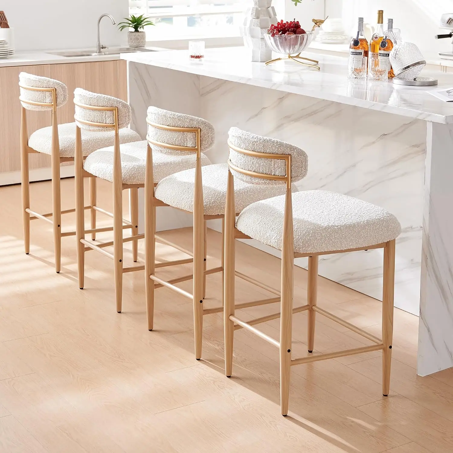 Boucle Counter Stools 4-Pack, 26''H Barstools with Gold Back & Wood Legs, Kitchen Island Dining Chairs White, Customized