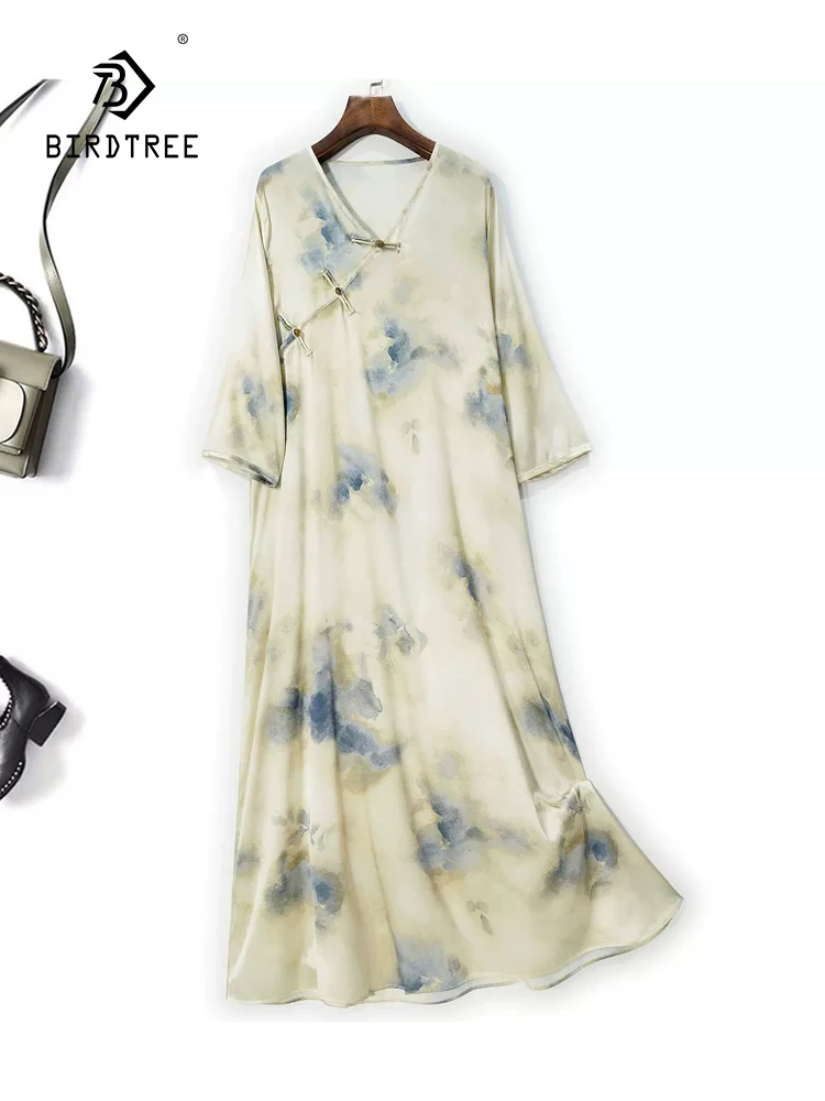 

BirdTree, Natural Silk Elegant Dresses, Women Half Sleeve V Neck Ink Wash Painting, Retro Loose OL Dress, 2024 Summer D46212QC