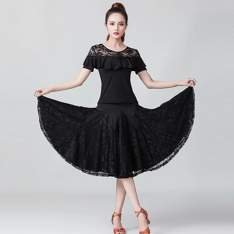 

customized women adult Latin dance dress lace large swing skirt short sleeved ballroom dance dress plus loose performance outfit