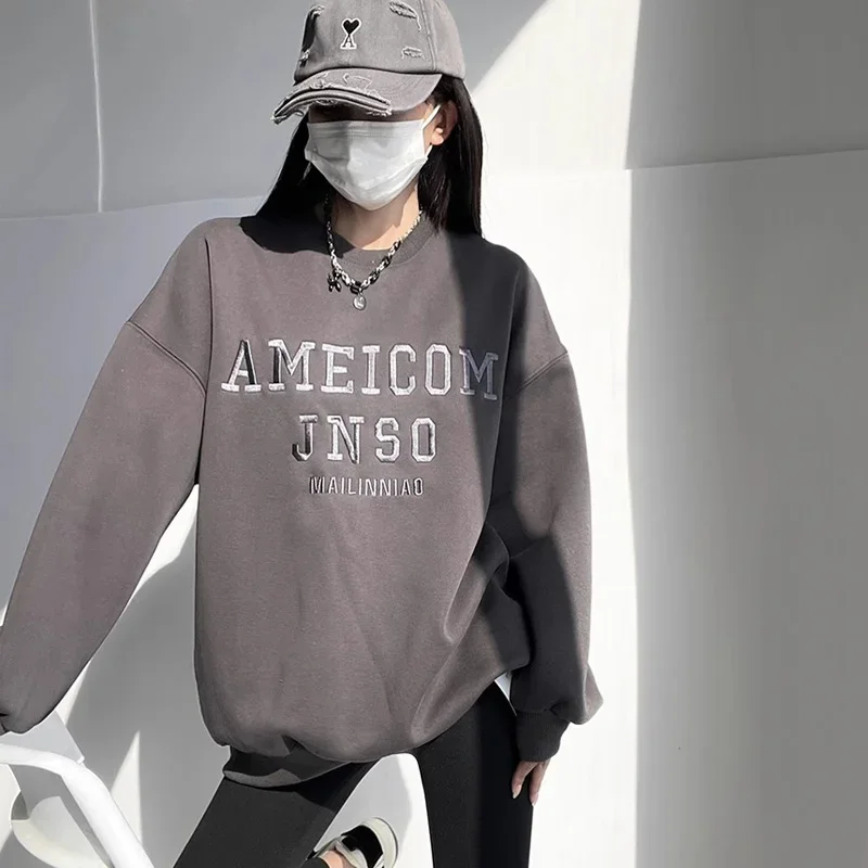 Women Crew Neck Embroidery Letters Front Oversized Fleece Sweatshirt