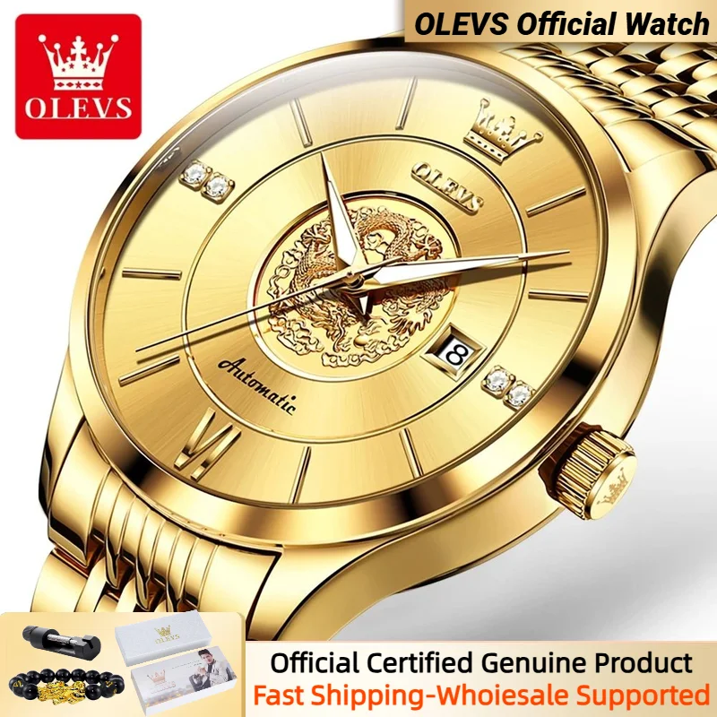 OLEVS 6693 Gold Men Watch 3D Carving Dragon Luxury Watches Waterproof Stainless steel Automatic Mechanical Watch for Man Trend