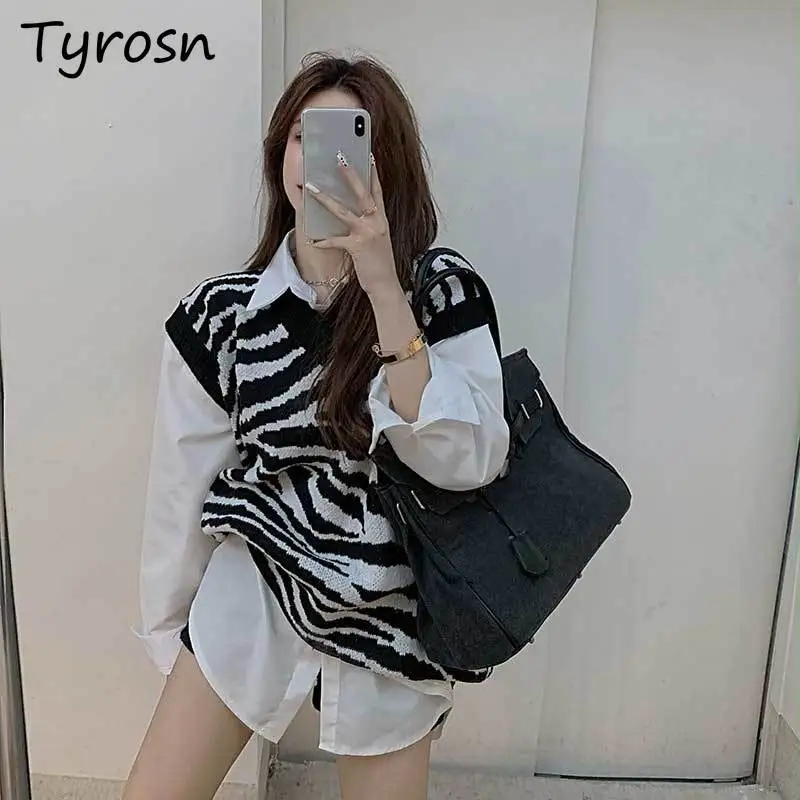 Zebra Striped Printed Vests Women Loose All-match Ulzzang New Outerwear Sweaters V-neck Knitwear College Fashion Casual Students