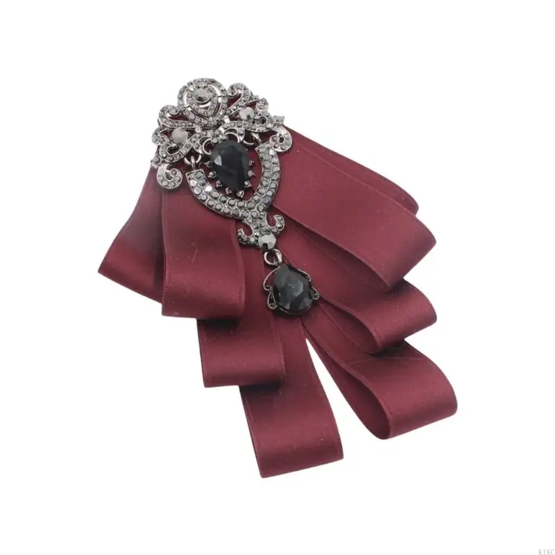 K1KC Jedwabna wstążka Muszka Dżetów Jabot Collar Vintage Pretied Krawat Broszka Pin