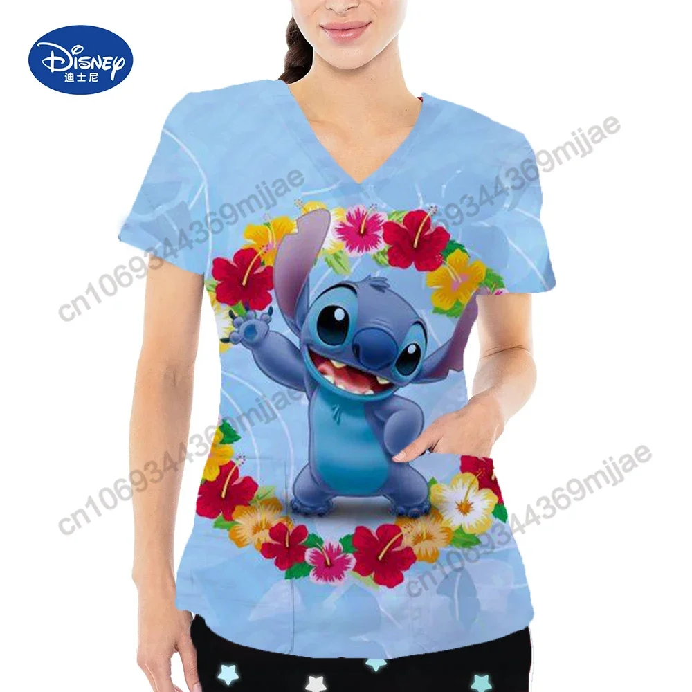 

Cartoon Tops V-neck Women's Clothes Pocket Summer Short Sleeves Women's T-shirts