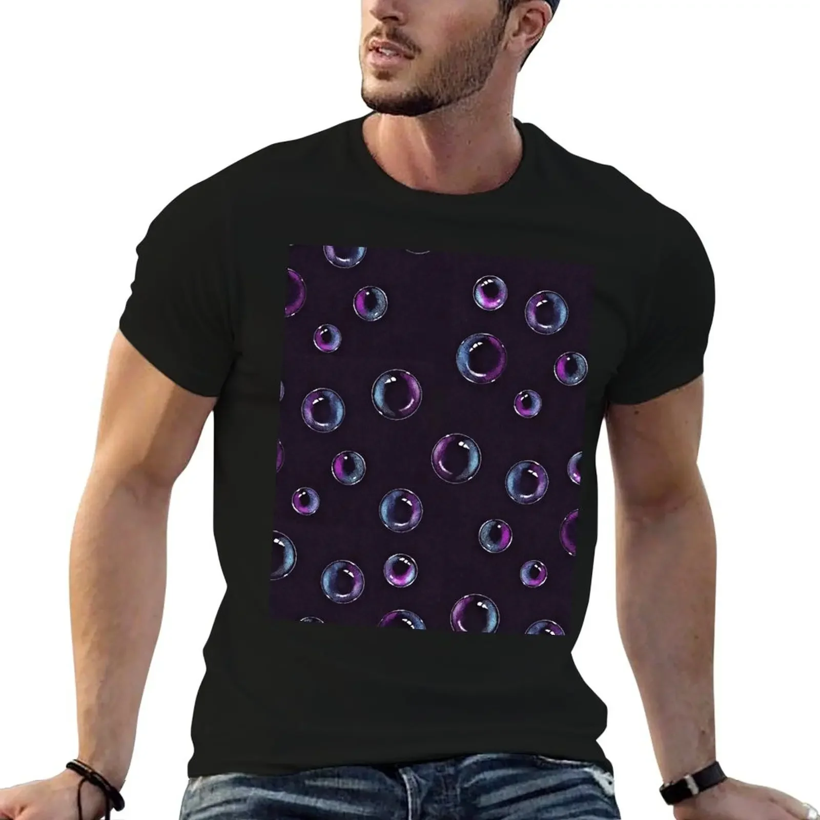 Bubbles on Black, Color Pencil Art, Hand Drawn Bubbles, Soap Bubbles T-Shirt customs heavyweights mens t shirts top quality