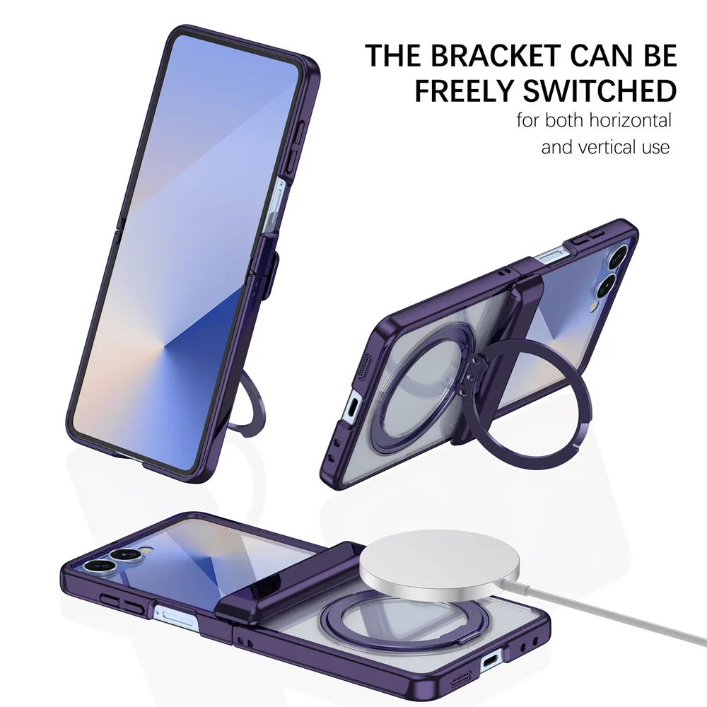 Para Magsafe soporte de anillo magnético caja de teléfono transparente con protección de bisagra para Samsung Galaxy Z Flip 7 6 5 5G cubierta