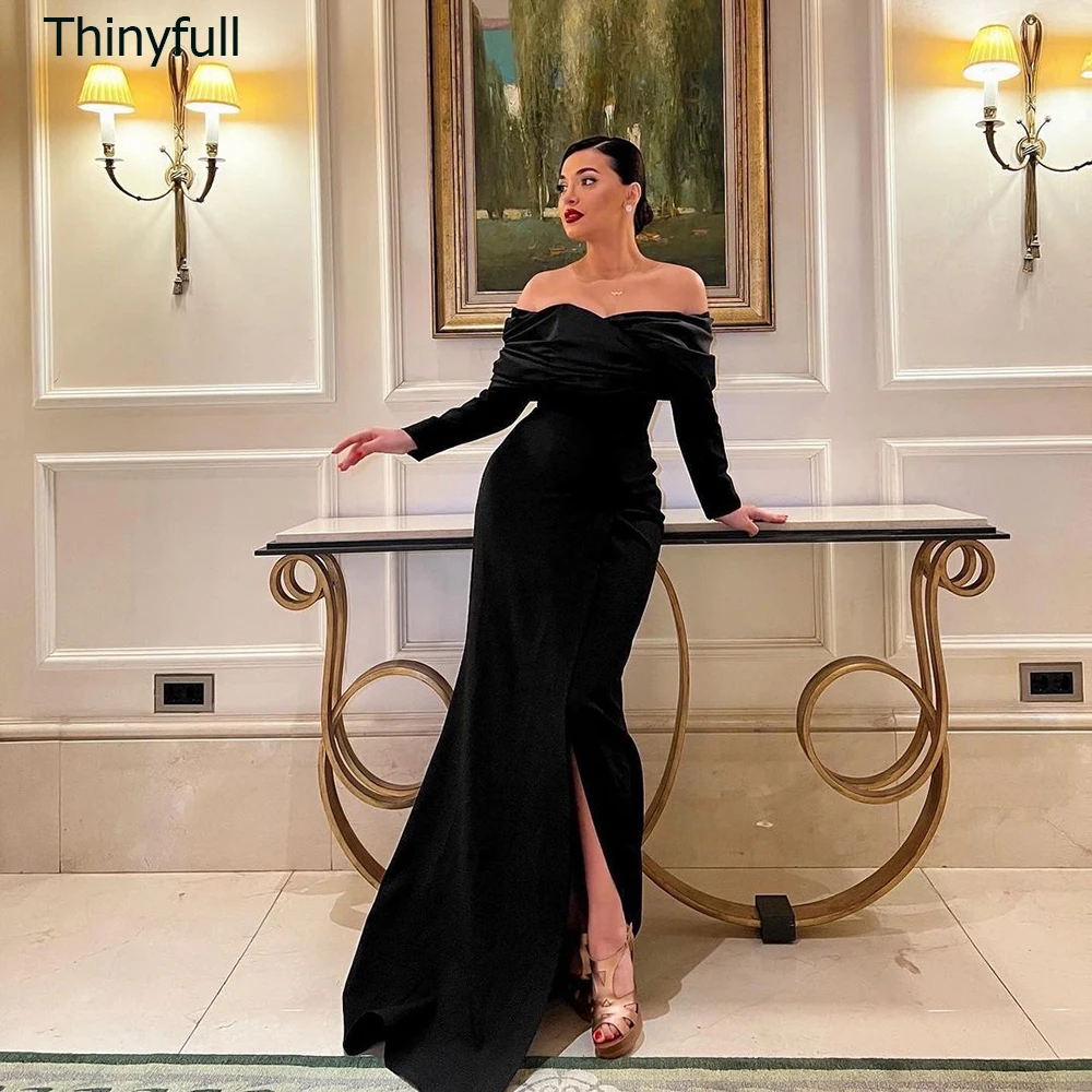 

Thinyfull Mermaid Black Prom Gown Off Shoulder Long Sleeves Evening Party Dress Arabic Satin Formal Occasion Dress فساتين السهرة