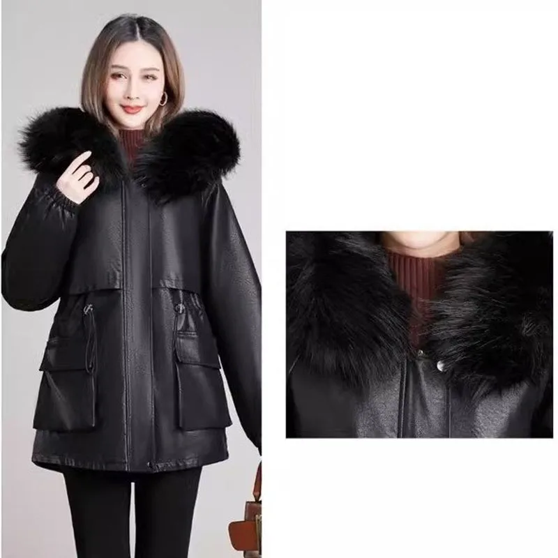 Big Fur Collar PU Leather Coat Women\'s Cotton-Padded Jacket Long 2024Autumn Winter New Parkas Korean Overcome Female Outwear Top