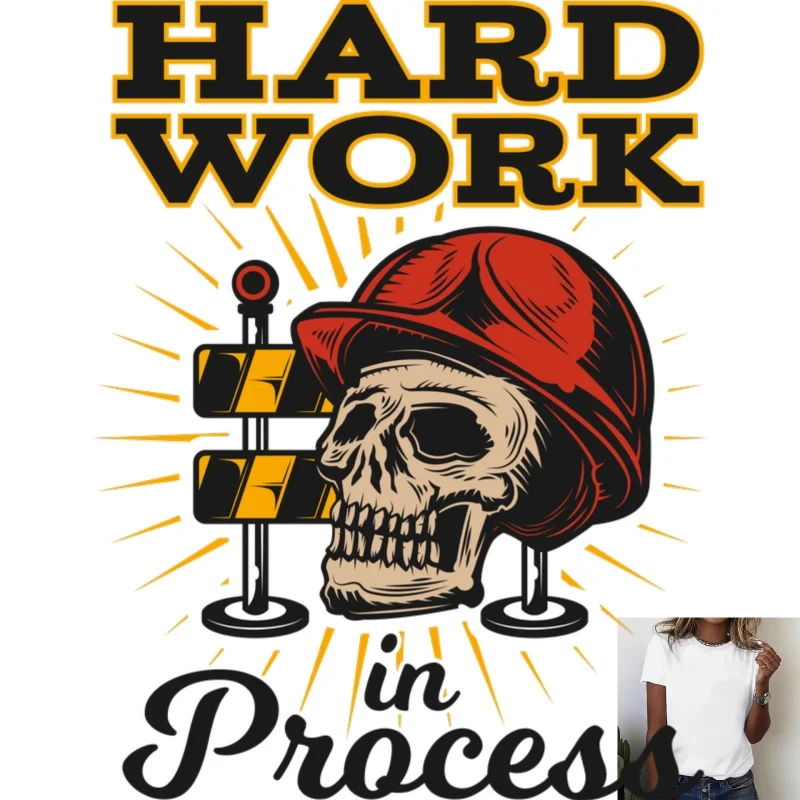 HARD WORK Skull Pattern Heat Transfer White Ink Iron - on Patch,Trendy Industrial Style, Suitable for T - shirts/Canvas Bags,