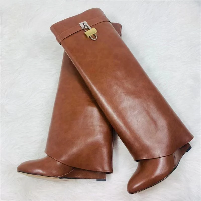 2022 Metal Lock Women Boots Genuine Leather Wedge Heel Pointed Toe Slip-on Knee High Boots Sexy Party Shoes Botas Mujer