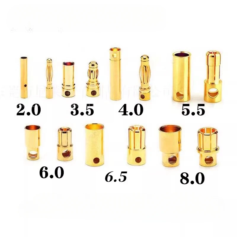 

20pcs/lot 2.0mm 3.0mm 3.5mm 4.0mm 5.5mm 6.0mm 8.0MM Gold Bullet Banana Connector plug for ESC Lipo RC battery Plugs (10 pair)