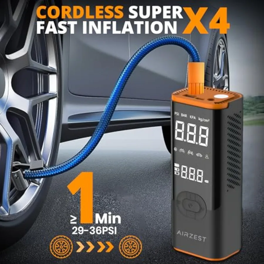 ضاغط هواء محمول لإطارات السيارات والدراجات النارية والمطاطية 4X نفخ أسرع حتى 150 رطل لكل بوصة مربعة تصميم لاسلكي مع أ