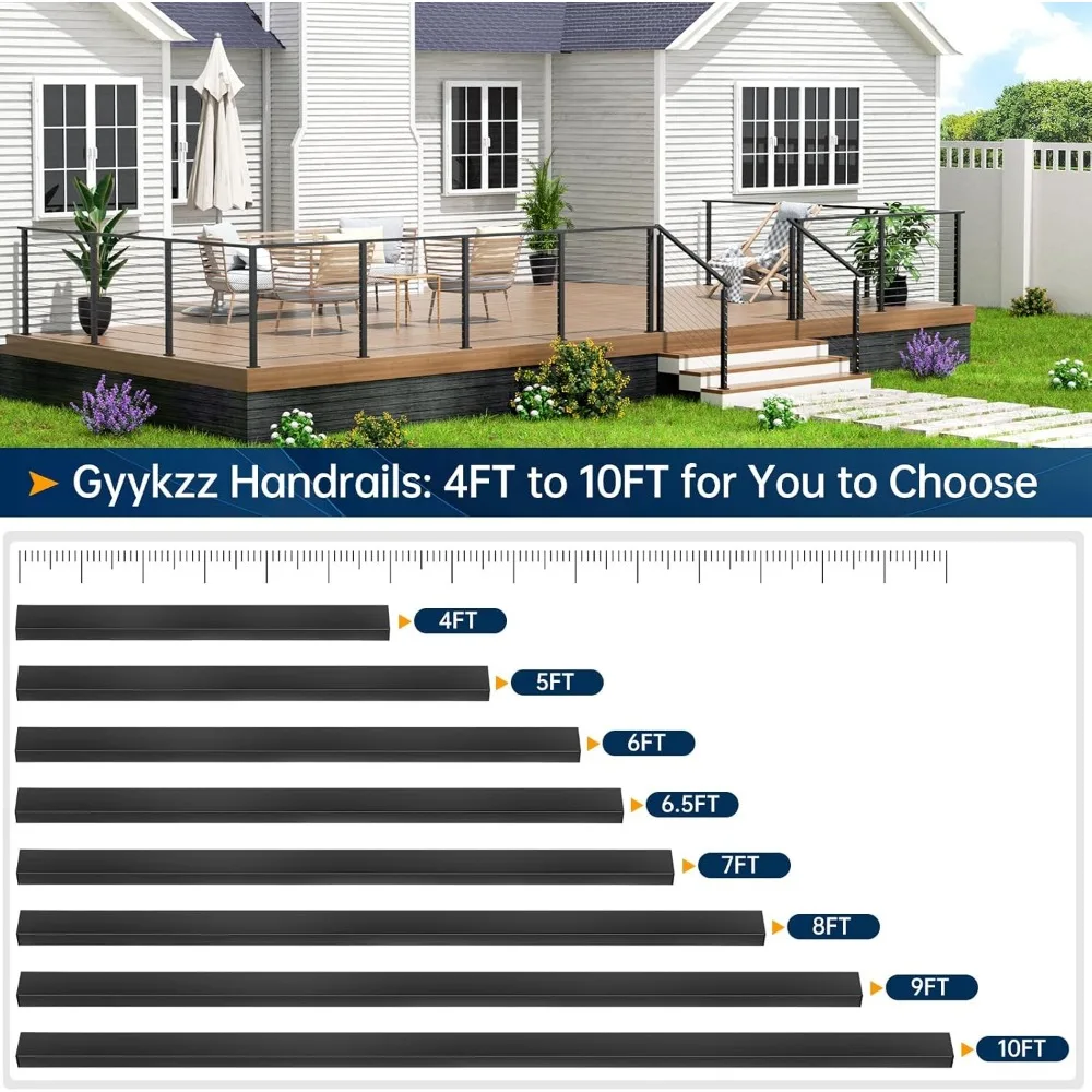 درابزين أسود من الفولاذ المقاوم للصدأ 304 خارجي مطور لأنظمة درابزين الكابلات، عبوتان، 3/64 سكة مستطيلة مسطحة، Dur #6