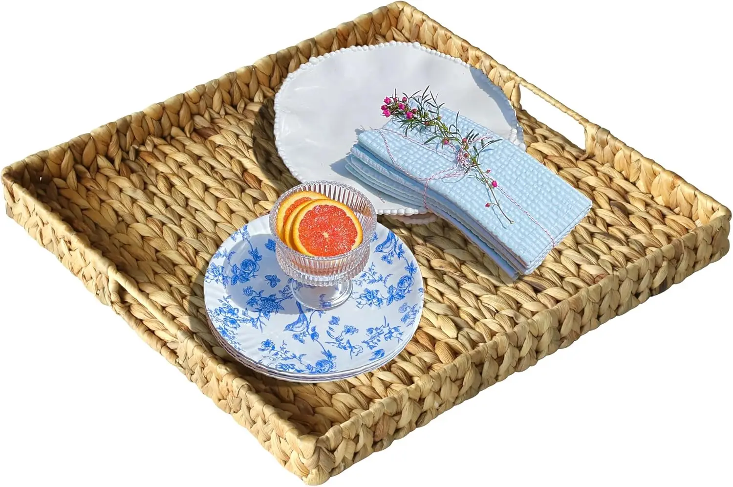 

Extra Large Square Ottoman Table Tray 19.7"" With Handles - Water Hyacinth Wicker Serving Tray For Farmhouse Decorative