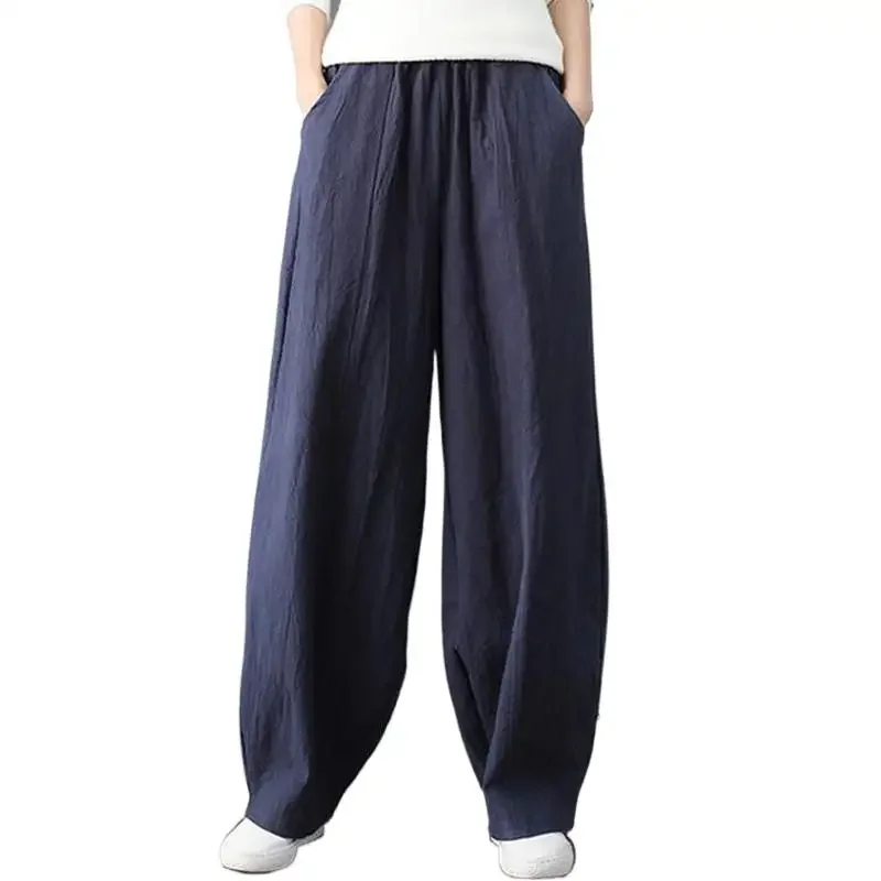 

Pant Hemp Bloomer Autunm ropa mujer Women plus sizeTrouser cotton Linen Pleated Oversize Pockets Wide Leg Pants S168