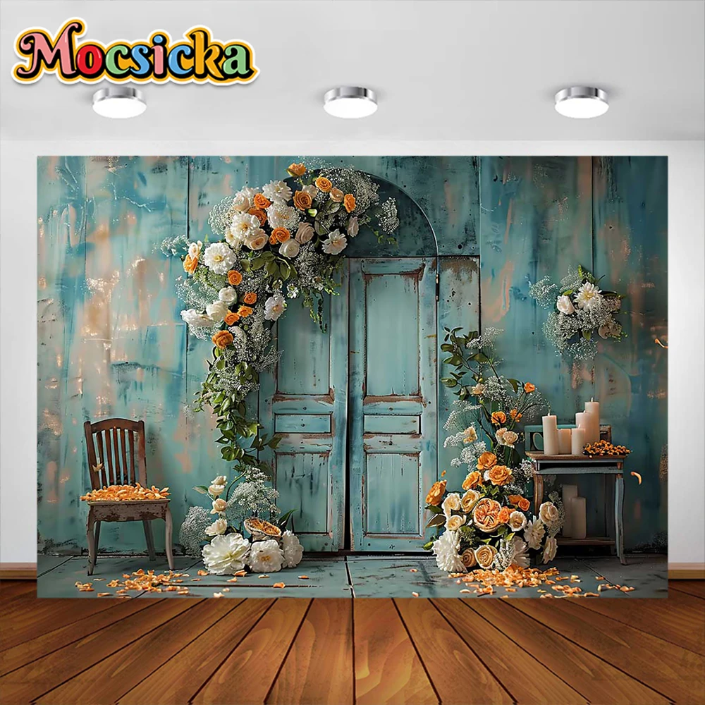 Spring Flower Photography Background Vintage Wooden Door Floral Garden Party Decor Wedding Newborn Portrait Photo Studio Props