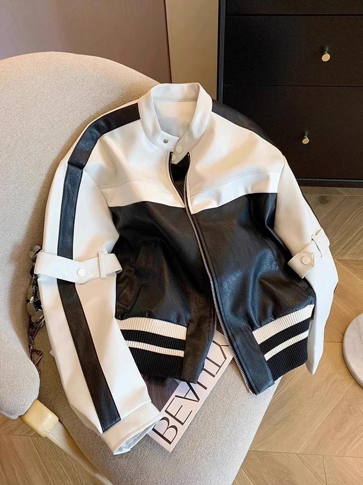 

American Street Sle Color Blo PU Leather Jaet Outerwear for Men And Women Spring Autumn Trendy Vintage Motorcycle Clothes