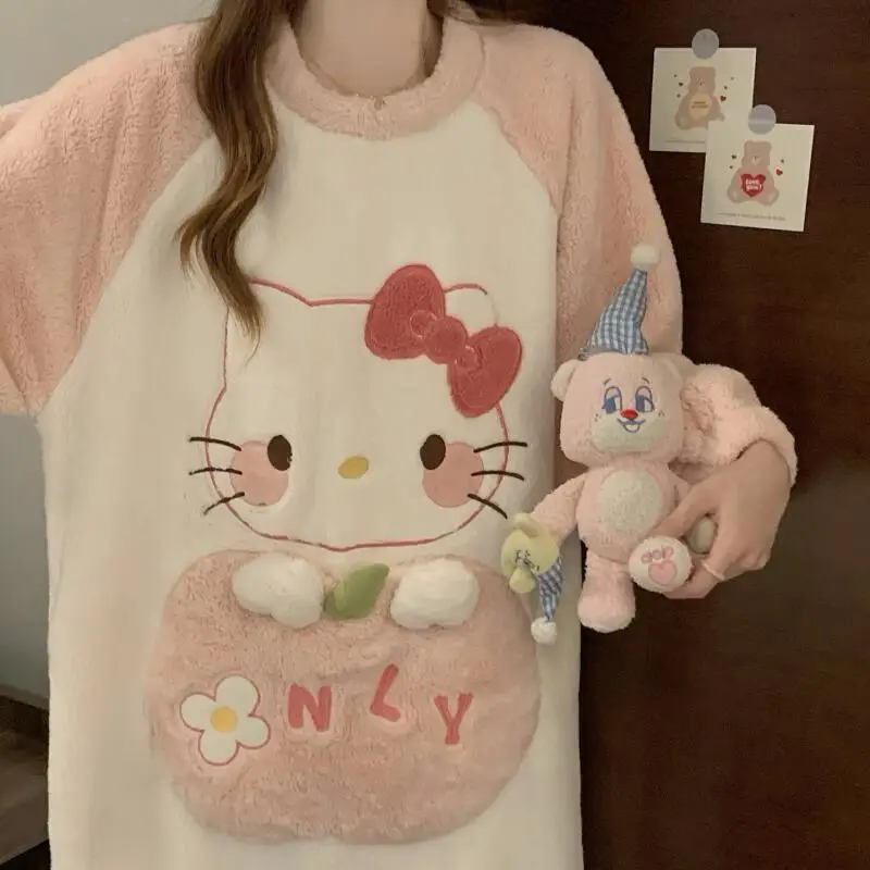 Winter Nightgown Hello Kitty Women's Autumn Winter Coral Velvet Thickened Warm Pajamas Flannel Cute Cartoon Home Clothes Ins view 5