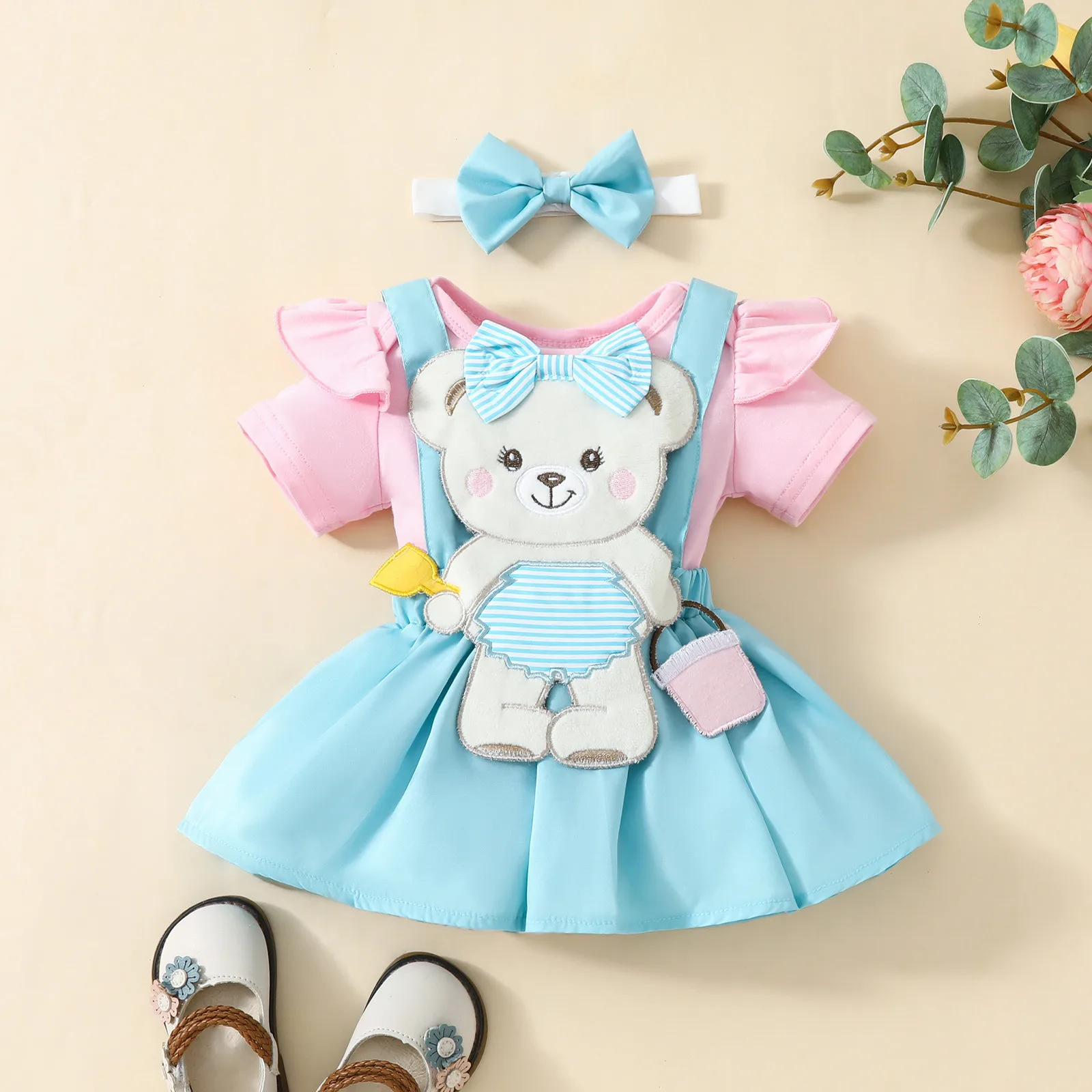 0-18M Newborn Infant Toddler Baby Girls Romper Sets Summer Cartoon Bear Embroidery Jumpsuit+Skirts Headband Easter Outfits Sets