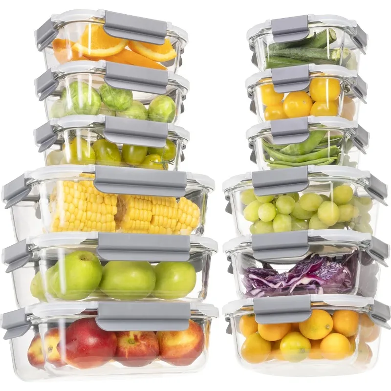 24 Pieces Glass Food Storage Containers with Lids,Glass Meal Prep Containers Set with Locking Lids,Airtight Glass Lunch Containe