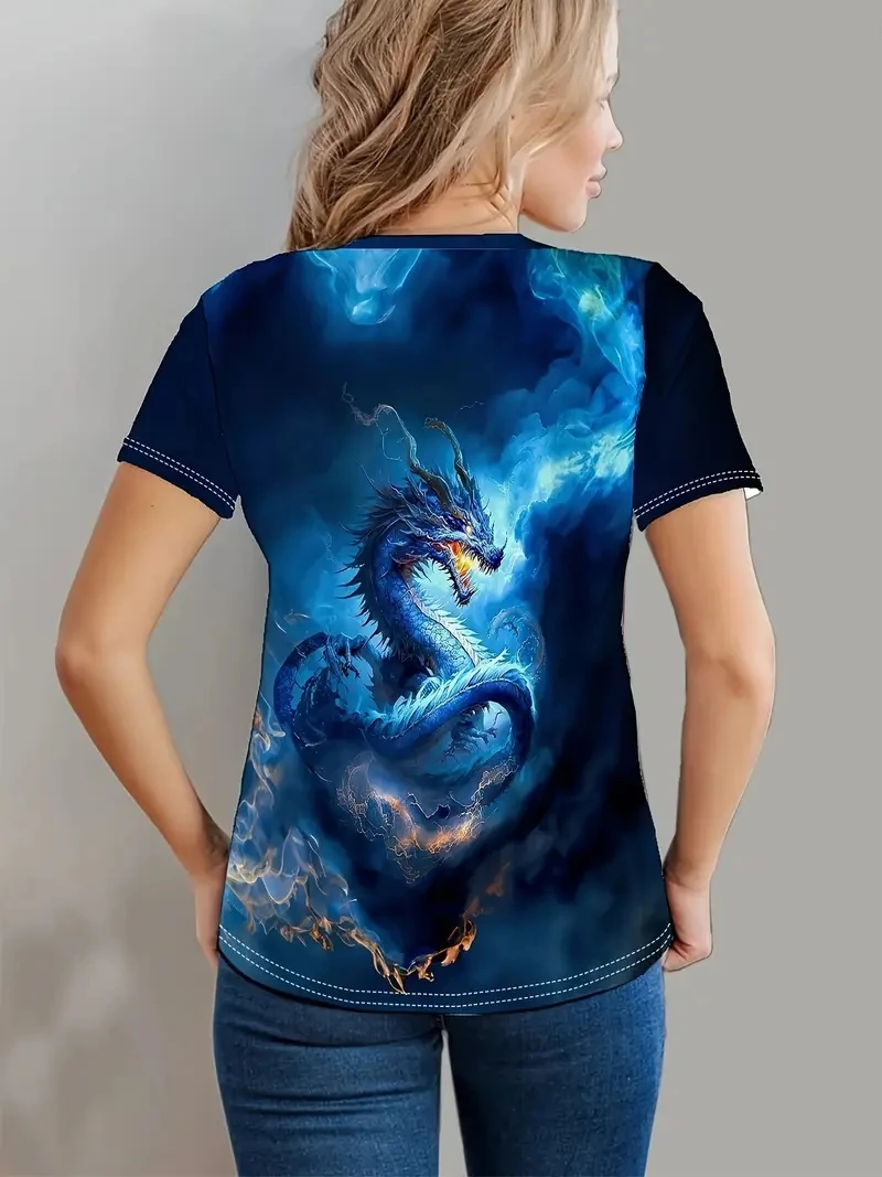 Damen-T-Shirt mit 3D-Drachen-Print in Übergröße, kurzärmelig, locker und lässig, weich, bequem und atmungsaktiv, geeignet für Outdoor-Sportarten