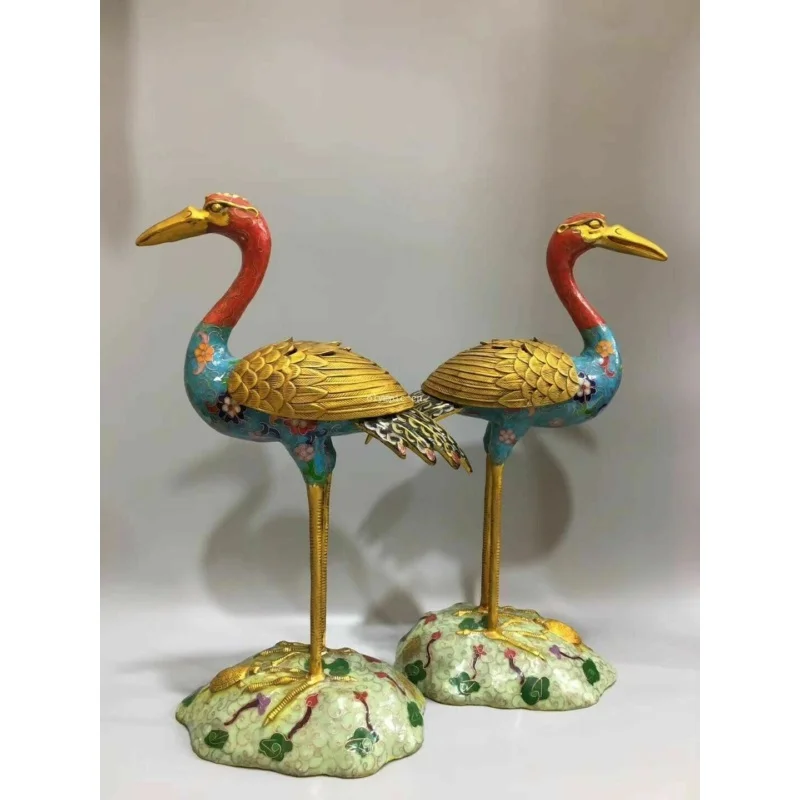 

Pair 16 'bronze cloisonne enamel flower totem flamingo bird censer statue