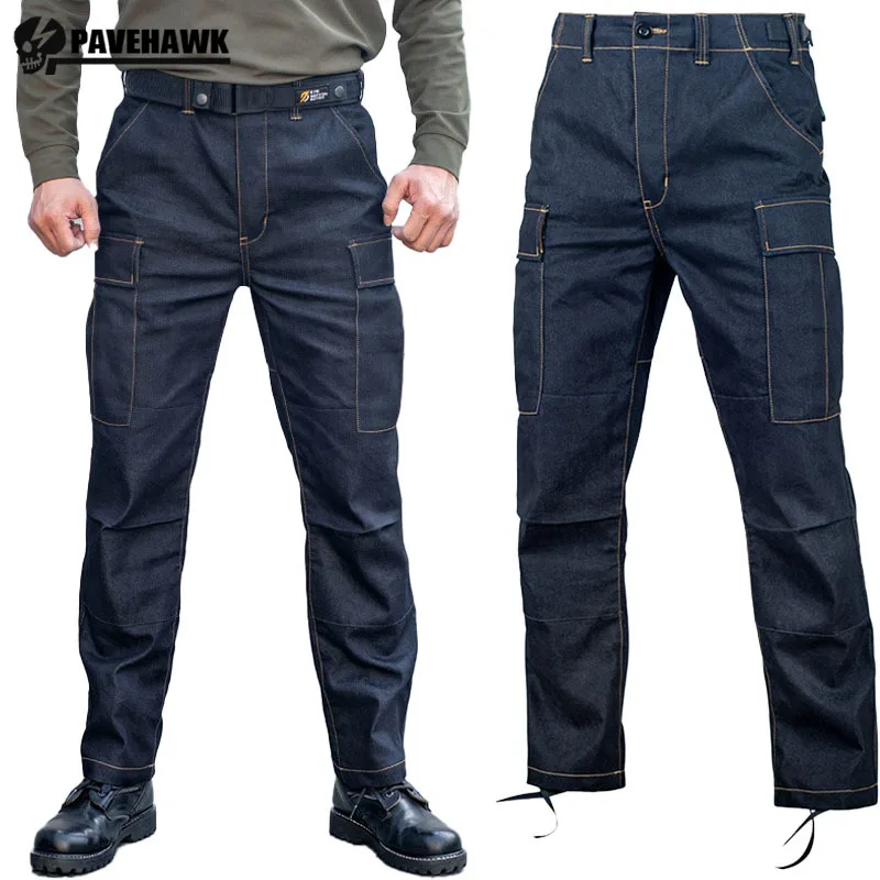 

Tactics Motorcycle Denim Overalls Mens Street Vintage Multi Pocket Cargo Jeans Cotton Wear-resistant Hiking Cowboy Trousers