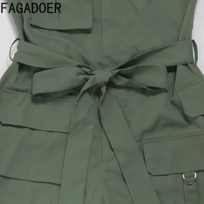 FAGADOER 캐주얼 카고 포켓 패치 워크 점프 슈트 여성 민소매 백 레스 Bodycon Rompers 여성 streetwear 오버올 여름 신작