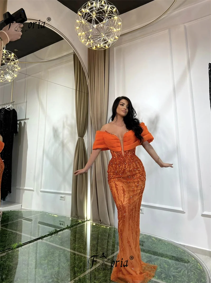 Off Shoulder Orange Mermaid Formal Occasion Dress Beaded Sequin Long Evening Dresses Maxi Prom Party Gown Woman Engagement Robe