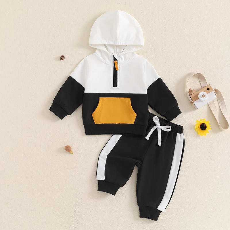 Conjunto de sudadera con capucha de manga larga con bolsillos delanteros y pantalones elásticos para bebé, conjunto de 2 piezas, colores de contraste, otoño, 0-3 años