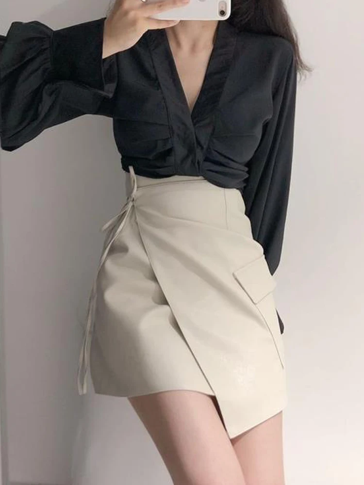 Fashion Two-piece Women's Office Solid Color Long Sleeve Shirt with High Waist Wrap Mini Skirt Set 2024 Summer Elegant Two-piece