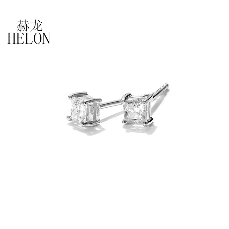 HELON Sterling Silver 925 Lab Grown Mossanite Diamond Earring Moissanite Stud Earrings Women Princess Shape Design