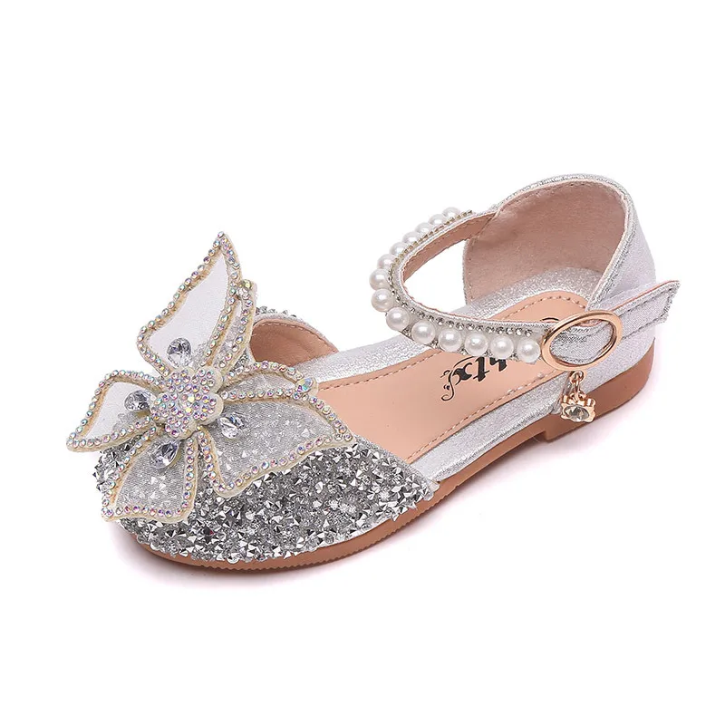 Princess Girls Sequin Lace Bow Kids Shoes Girls Cute Pearl Princess Dance Single Casual Shoe 2021 Children\'s Party Wedding Shoes