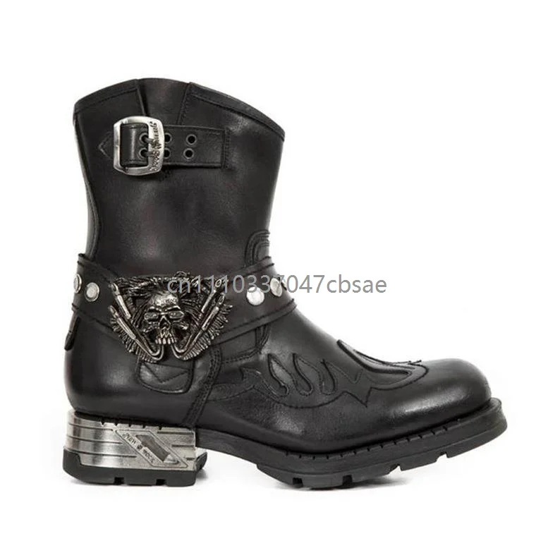 

Fashion Black Pu Leather Skull Studded Buckle Strap Boots Men Punk Biker Shoes Western Cowboy Style Motorcycle Mid Calf Boot